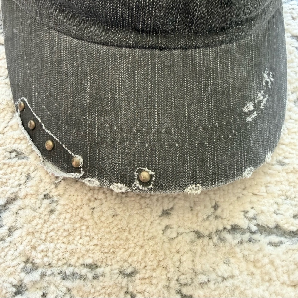 Woman’s Distressed Military Style Black Hat with Green Embroidery - Picture 7 of 9